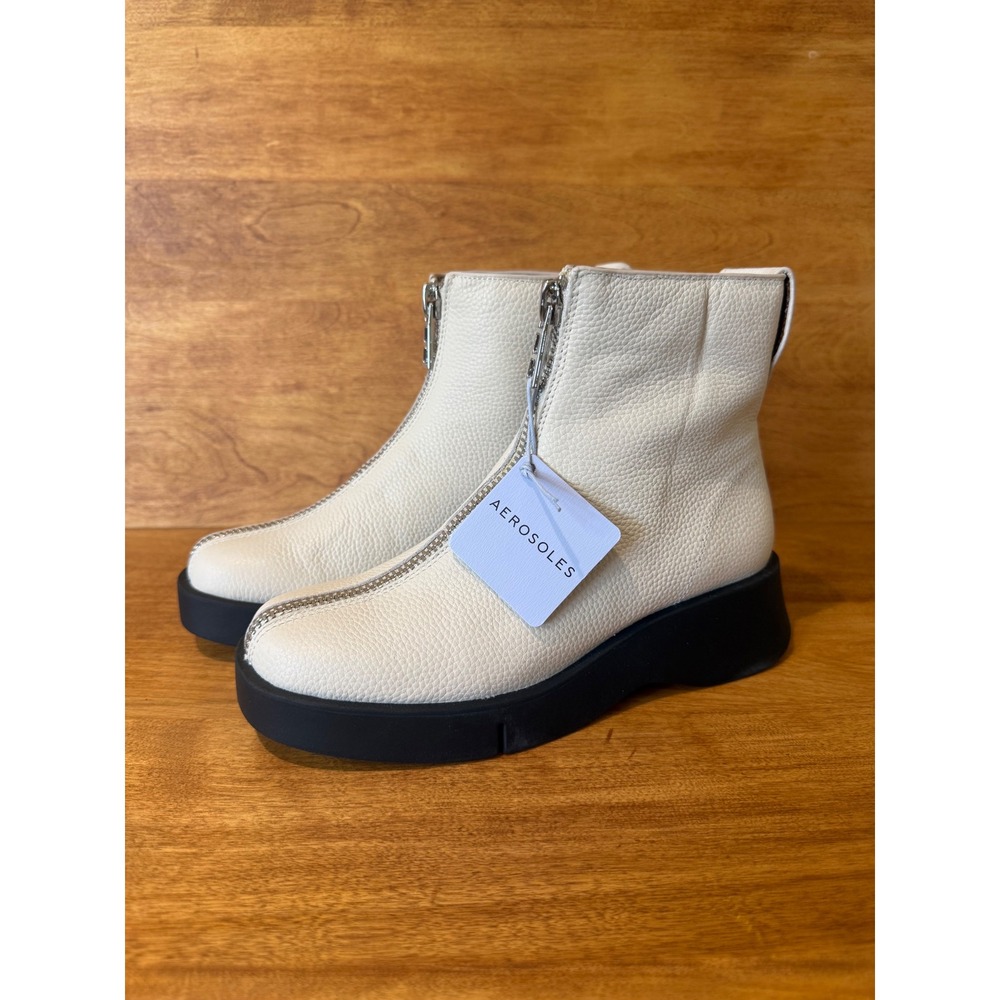 Aerosoles Francis Leather Front Zip Platform Ankle Boots Off White Womens 6M